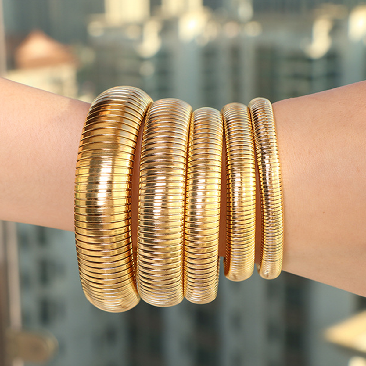 A D. ALLEN & DANMI. 18 K Gold Plated Chunky Titanium Bracelet Stack, Flexible Wide Wristband Bangle Layered Snake Chain Bracelet for Women