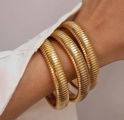 A D. ALLEN & DANMI. 18 K Gold Plated Chunky Titanium Bracelet Stack, Flexible Wide Wristband Bangle Layered Snake Chain Bracelet for Women